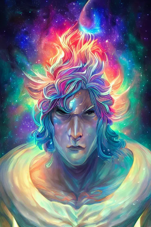 Image similar to handsome god of the universe, artgerm, galaxies and nebula flowing out of his body, korean mythology, psychedelic floral planets, studio ghibli painterly style, trending on artstation