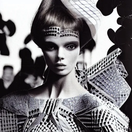 Image similar to close up of a fashion model in the sixties, avant - garde dress, official valentino editorial, highly detailed