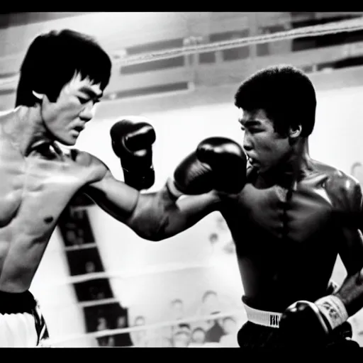 Image similar to bruce lee vs muhammad ali, arena fight, boxing ring