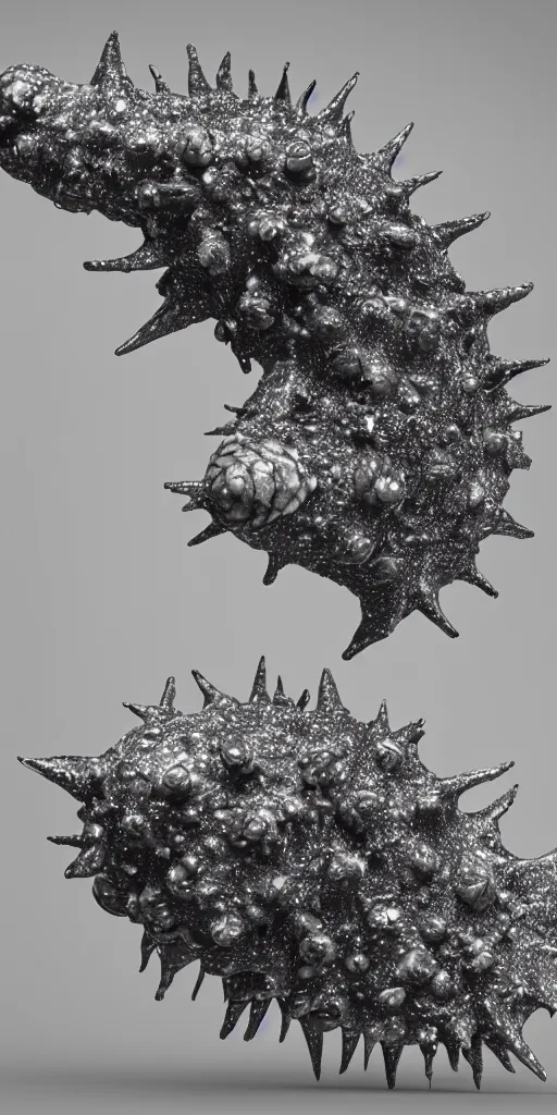 Image similar to a photorealistic render of a metallic spiky neotribal sea slug, greyscale, made of melted plastic and marble, c 4 d, by zhelong xu and ernst haeckel, wide angle, hyper realistic, plain black background, 8 k, volumetric lightning, octane render