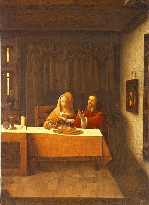 Image similar to a candlelit table at the inn, two people sitting at the table, swirling smoke, dark smoke, realistic, in the style of leonardo da vinci, dutch golden age, amsterdam, medieval painting by jan van eyck, johannes vermeer, florence