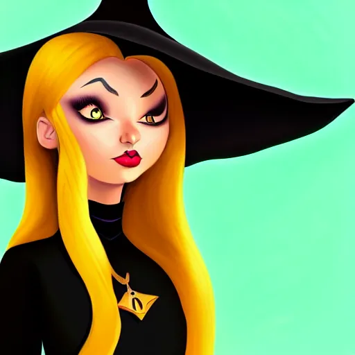Image similar to portrait of a beautiful female witch in black and golden dress , digital painting , digital art , pixar style , Disney , cute , trending on artstation