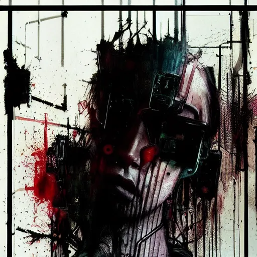 Image similar to a dark cyberpunk dream of wires broken skulls skin cybernetic machines and decay moody hyperrealism 8 k photo atmospheric by jeremy mann, francis bacon and agnes cecile, ink drips paint smears digital glitches glitchart