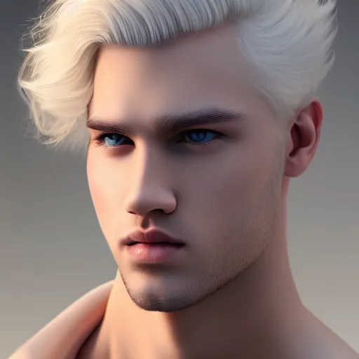 Prompt: the latest blond male beefcake by Sakimichan, porcelain white skin, voluptuous male, long curly light blond hair, extremely pale white skin and long fluffy blond curly hair, 4K, artstation
