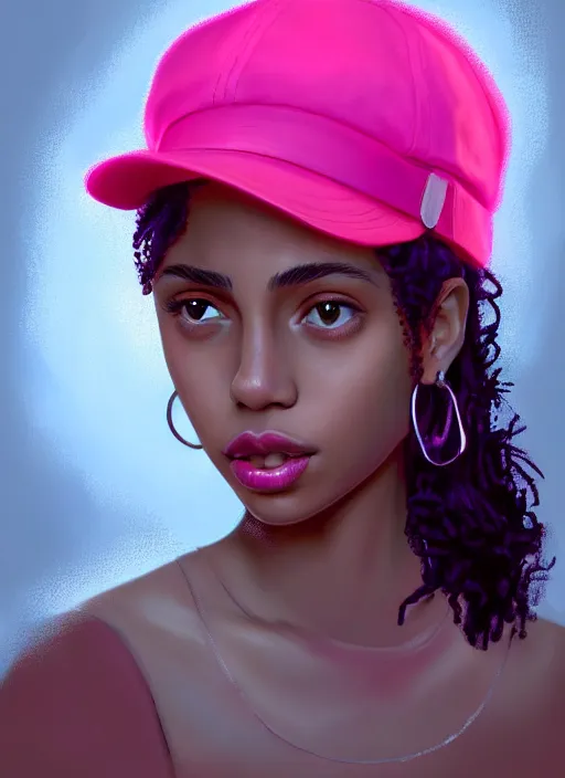 Image similar to portrait of teenage vanessa morgan with bright pink hair, black girl, vanessa morgan, curly pixie cut hair, wearing newsboy cap, newsboy cap, hoop earrings, intricate, elegant, glowing lights, highly detailed, digital painting, artstation, concept art, smooth, sharp focus, illustration, art by wlop, mars ravelo and greg rutkowski