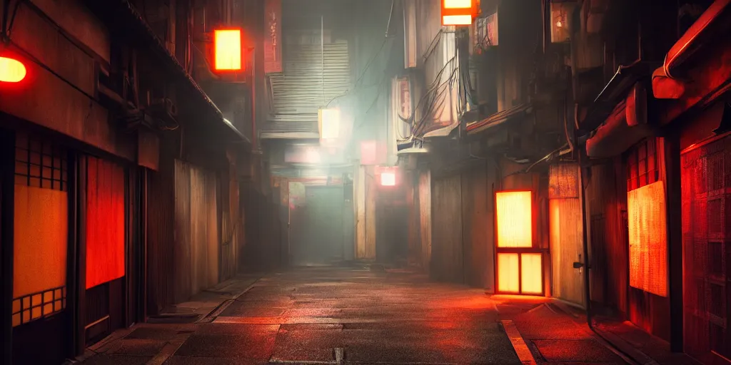 Image similar to a japanese alleyway filled with ghosts, in the style of blade runner 2049, volumetric lighting,
