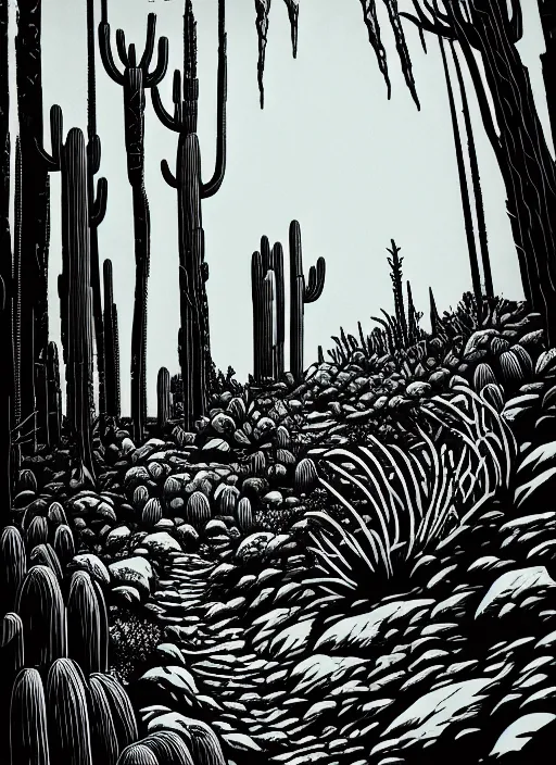 Prompt: art by cat flint, postapocalyptic, black ink linocut print of the cactus forest in italy, high hills, 8 k, frostbite 3 engine, cryengine, ground level shot, dof, trending on artstation, digital art, crepuscular ray