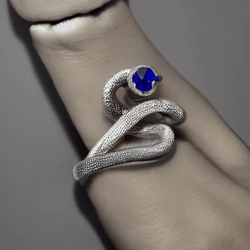 Image similar to Snake-shaped ring twisted on finger with sapphire eyes and diamond-covered body