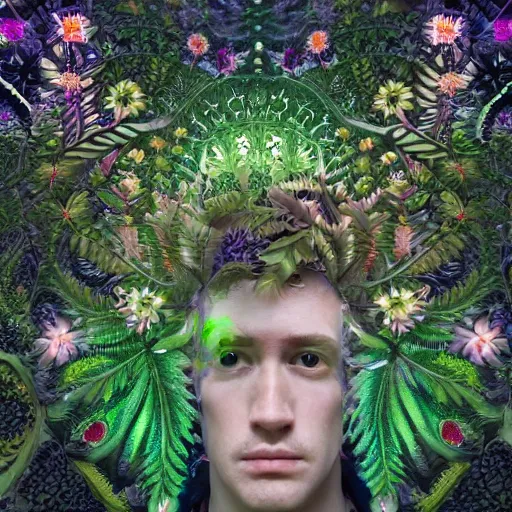 Prompt: an man, stern face, clear eyes, shining armour made of steel and flowers, and fractal flowery hair in a fractal garden, glowing delicate flower and ferns that grow in a dark fatansy forest on the planet pandora,