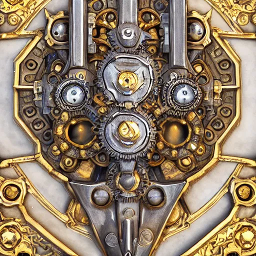 Prompt: A steampunk ornate made of engraved full plate armor and gears with a styracosaur head at the center, Macro shot by Justin Gerard, unreal engine, physically based rendering