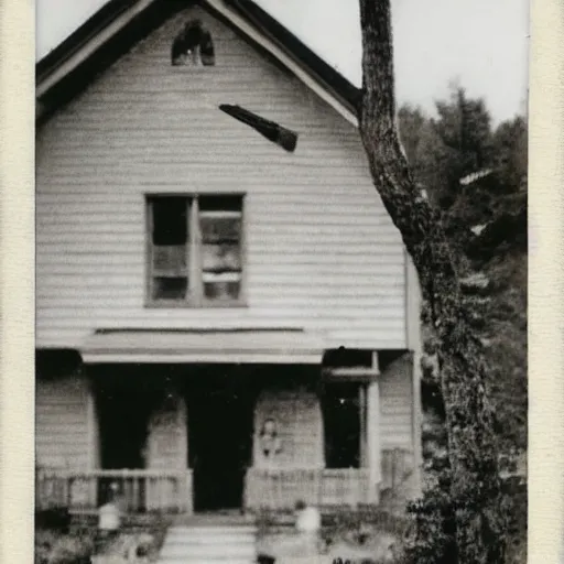 Prompt: A 1900's polaroid photograph of a house with a scary stick monster in the front door with bright white eyes, creepypasta, liminal