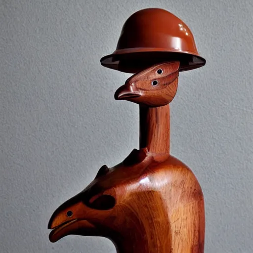 Prompt: wooden sculpture of a man wearing a hard hat holding a rooster, polished maple, thoughtful, elegant, real