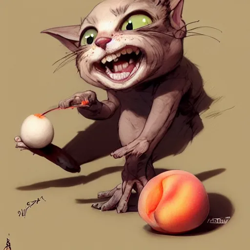 Prompt: An adorable gremlin cat stealing a peach, by Stanley Artgerm Lau, WLOP, Rossdraws, James Jean, Andrei Riabovitchev, Marc Simonetti, and Greg Rutkowski, trending on artstation