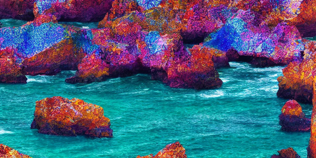 Image similar to glittering multicolored crystal cliffs, viewed from the ocean, high quality digital art,