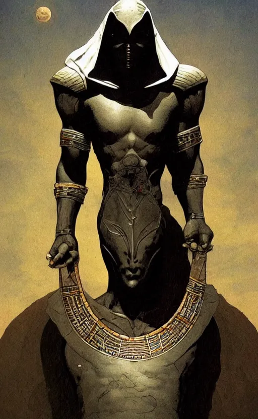 Image similar to great egyptian god khonshu from marvel moon knight, standing character, looking angry and like a person, fantasy, creepy, scary, strange, by beksinski and moebius, digital art, artstation