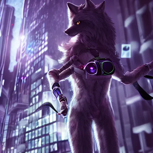 Image similar to anthropomorphic female wolf fursona wearing a tech harness in a cyberpunk city, photo realistic, ambient lighting