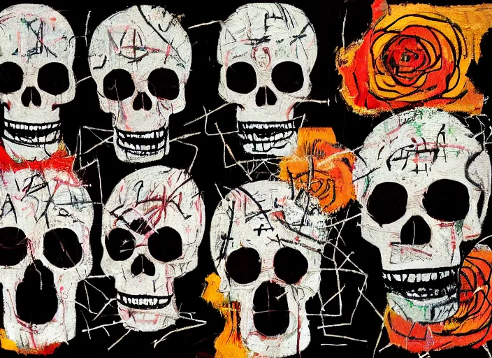 Image similar to bokeh roses growing out of one single skull by jean-michel basquiat, david choe and alex gray painting, intricately highly detailed art piece