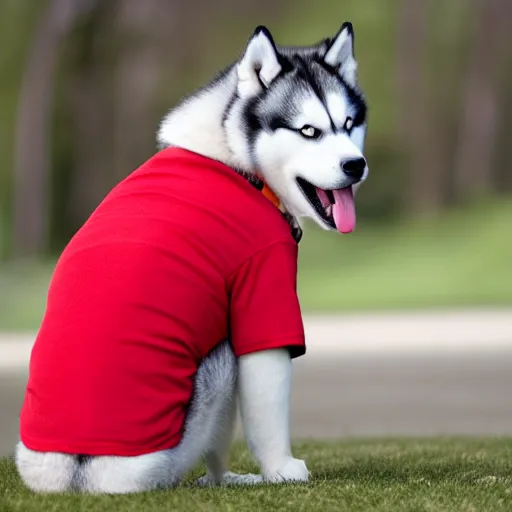 Prompt: a husky wearing a red shirt and looking at a phone screen