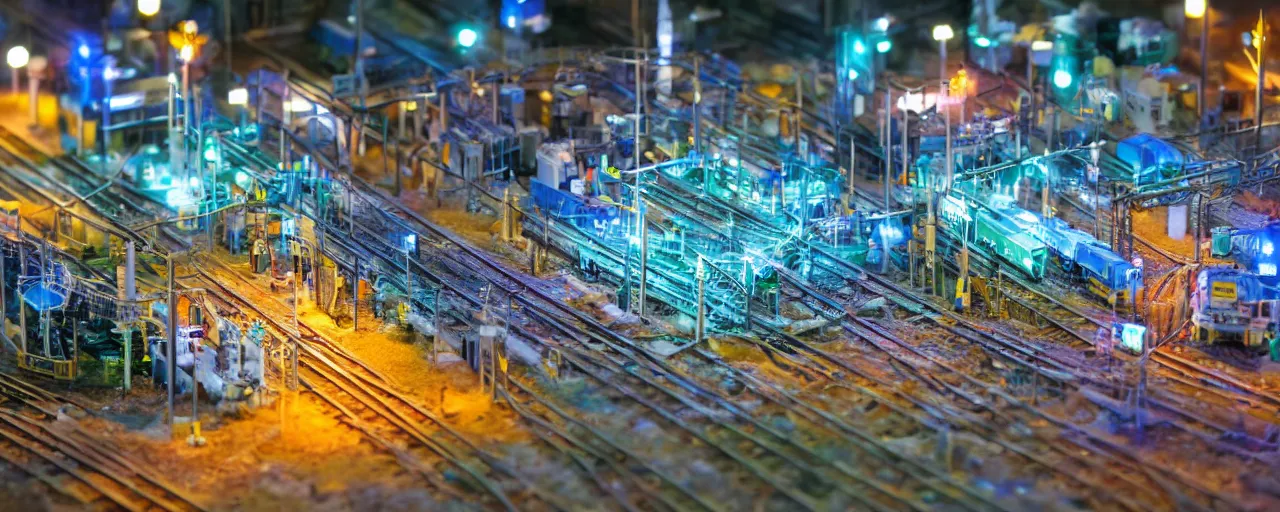 Image similar to mega detailed miniature voxel diorama of futuristic railway junction, modern architecture, tilt shift, industrial lights, by night clean and sterile atmosphere, row of street lamps with cold blue light, several trains nearby, near future 2 0 3 0