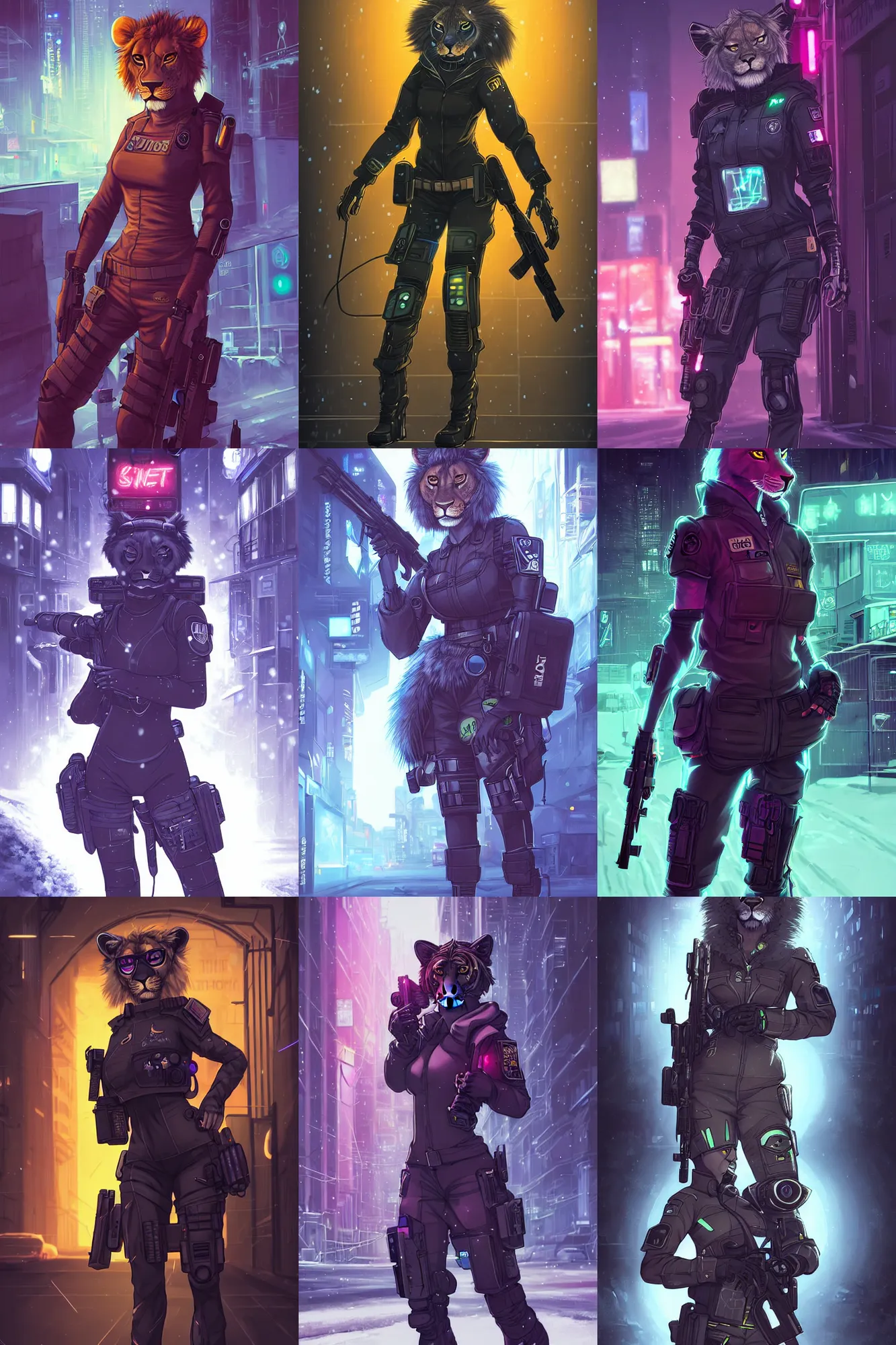 Image similar to beautiful furry art portrait commission of a female furry anthro lioness fursona wearing a tactical cyberpunk swat uniform in the streets of a cyberpunk city at night in the snow. neon light. character design by charlie bowater, ross tran, artgerm, and makoto shinkai, detailed, inked, western comic book art