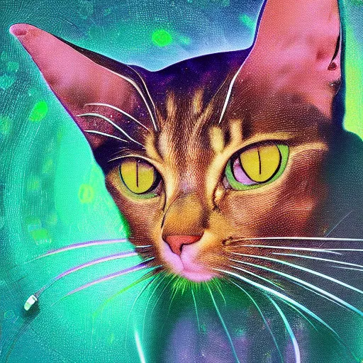 Image similar to cyberpunk excited Abyssinian cat underwater, sparkly, colorful, cyberpunk digital painting