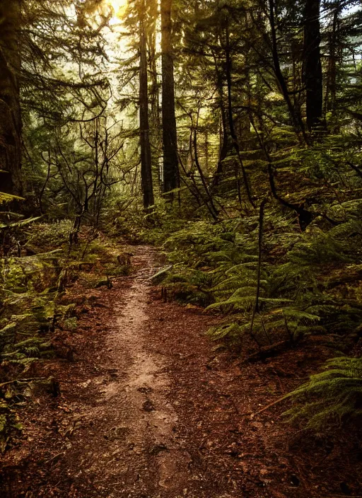 Prompt: a dirt path in the middle of a forest by tim biskup, shutterstock contest winner, naturalism, flickering light, high dynamic range, creative commons attribution