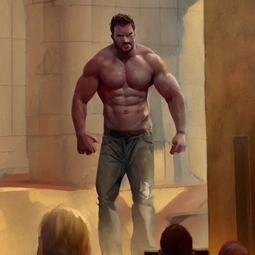 Prompt: bodybuilder chris pratt at church geog darrow greg rutkowski