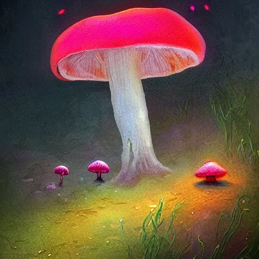 Image similar to luminescent pink and orange mycena fungi, emitting spores, midnight, fantasy art, mysterious, magical, hyperrealistic, detailed, soft lighting, fireflies