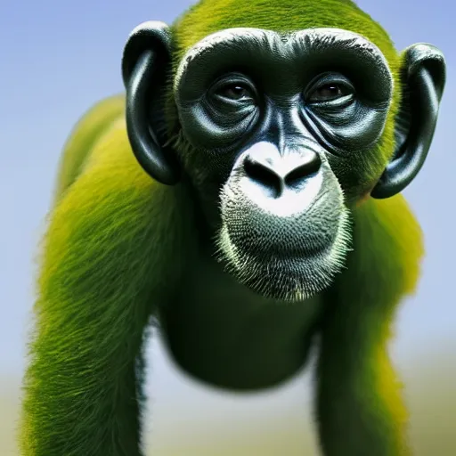 Image similar to a high quality photo of a green chimp wearing headphones, realism, 8k