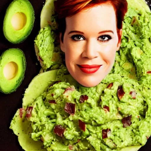 Image similar to molly ringwald face on a pile of guacamole