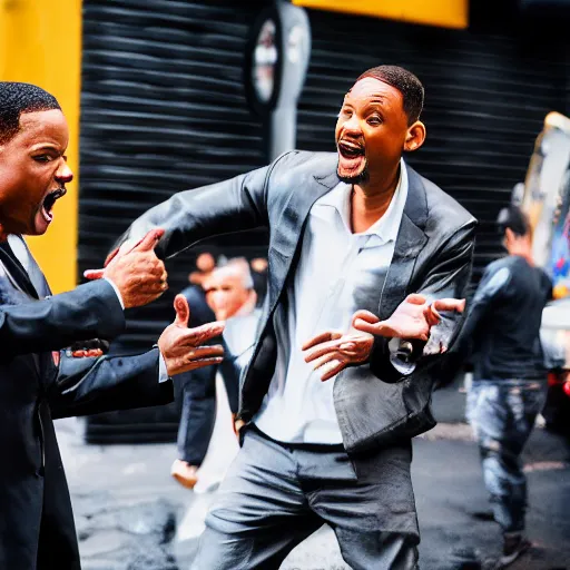 Prompt: will smith screaming at chris rock, canon eos r 3, f / 1. 4, iso 2 0 0, 1 / 1 6 0 s, 8 k, raw, unedited, symmetrical balance, wide angle