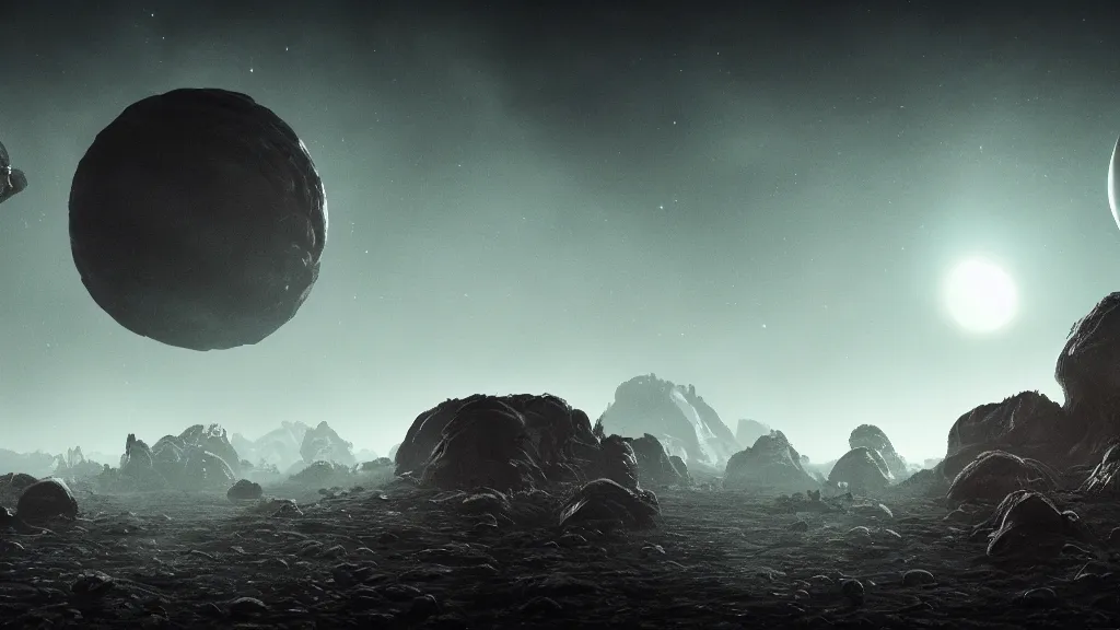 Prompt: alien planet, alien monster, large lovecraftian monster extra terrestrial, dark, moody, 3 moons, night sky shot, asteroids and meteor shower, 8 k, 4 k, unreal, high octane render