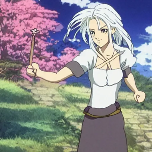 Prompt: screenshot of ciri from an anime by studio ghibli