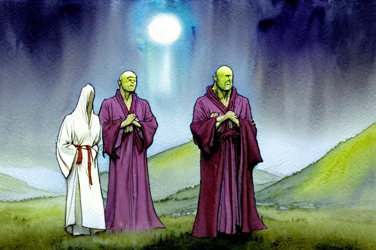 Image similar to a realistic and atmospheric watercolour fantasy character concept art portrait of a three christians wearing robes standing in front of a small fat chibi grey alien. they are emerging from the mist on the moors of ireland at night. a ufo is in the sky. by rebecca guay, michael kaluta, charles vess and jean moebius giraud