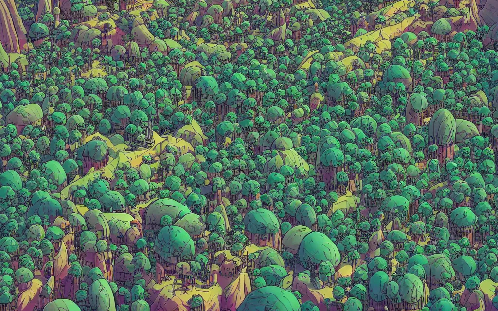 Image similar to very detailed, ilya kuvshinov, mcbess, rutkowski, illustration of a dense green alien megacity on a desert planet, alien architecture, seen from above, colorful, deep shadows, astrophotography