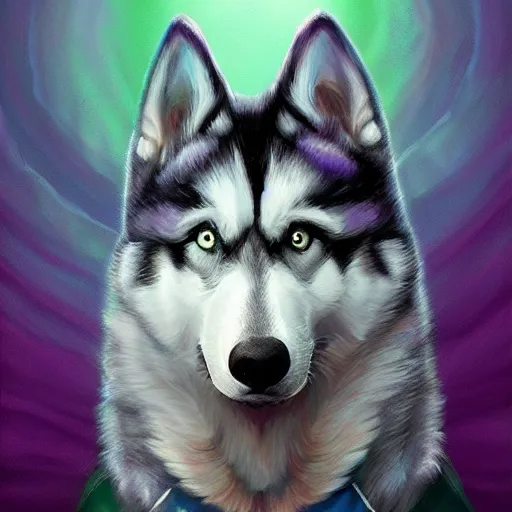 Image similar to Wizard Husky, Fantasy, Forest, Portrait, digital art, artstation, award winning, oil painting