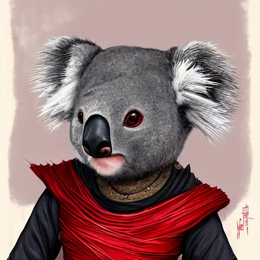 Image similar to an elegant koala dressed in a crimson - black shinobi outfit, digital art by łukasz piskorz and patrick mcenvoy and michael komarck, intricate, highly detailed, artstation, concept art, smooth, sharp focus vector