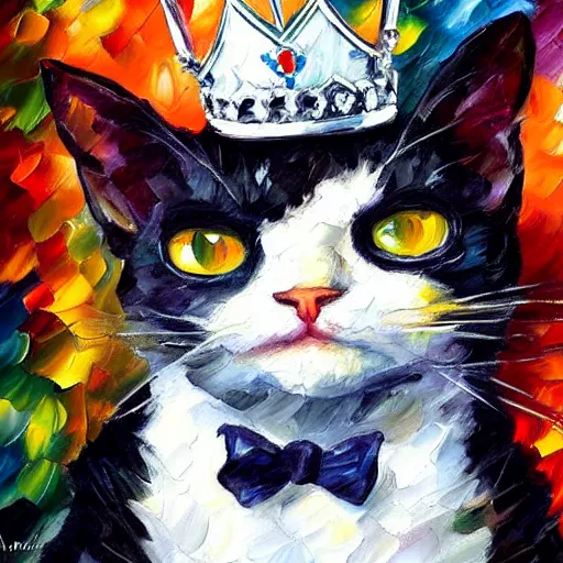 Image similar to portrait painting of a tuxedocat wearing a silver crown and necklace by Leonid Afremov