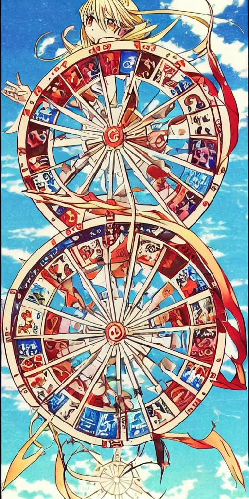 Image similar to Wheel of Fortune tarot card by a famous anime artist. clean, sharp lines,