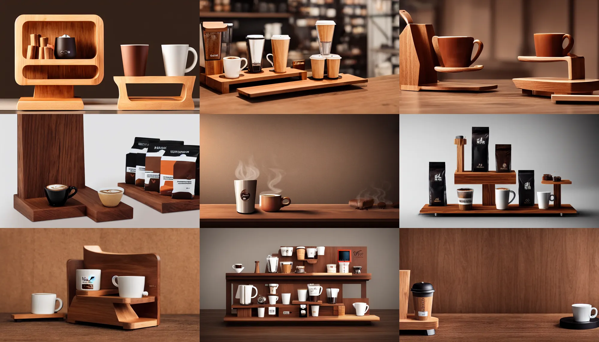 Prompt: modern wood display stand for coffee products, epic composition, 8 k, beautiful cinematic light