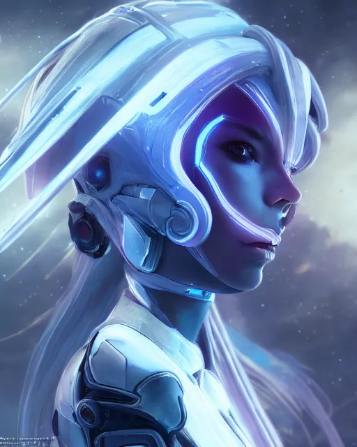 Image similar to perfect android girl on a mothership, warframe armor, beautiful face, scifi, futuristic, galaxy, nebula, raytracing, dreamy, long white hair, blue cyborg eyes, sharp focus, cinematic lighting, highly detailed, artstation, divine, by gauthier leblanc, kazuya takahashi, huifeng huang