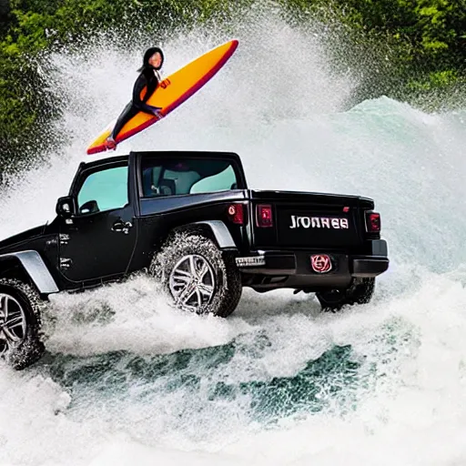 Image similar to an angry asian girl surfing on a black jeep wrangler