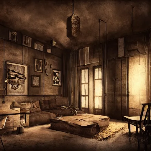 Image similar to rustic apartment interior, highly detailed, concept art, dark moody, night