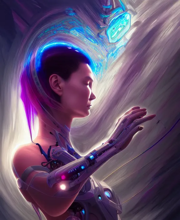 Image similar to a whirlwind of souls rushing inside the metaverse, hologram, half body, neurochip, shaved temple, piercing, jewelry, android, cyborg, cyberpunk face, by loish, d & d, fantasy, intricate, elegant, highly detailed, colorful, digital painting, artstation, concept art, art by artgerm and greg rutkowski and alphonse mucha