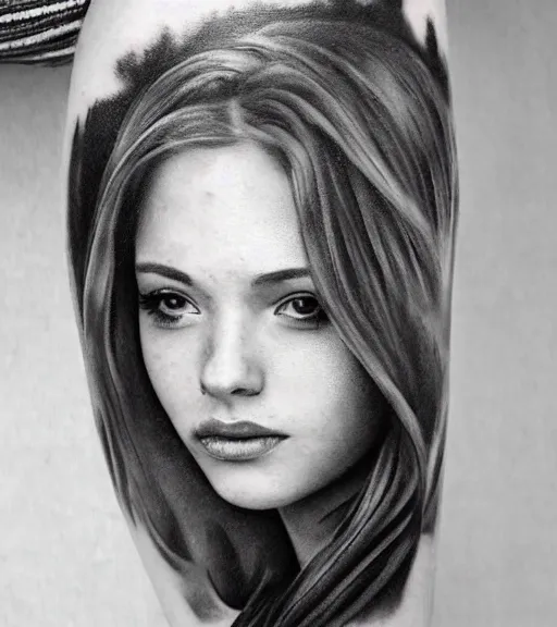 Image similar to a beautiful girl portrait, faded mountain background, realism tattoo, in the style of den yakovlev, black and white, hyper realistic, highly detailed