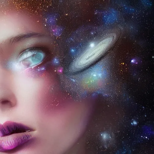 Prompt: woman portrait made out of galaxies floating in space, saturn, highly detailed, beautiful, realistic, tim burton comic book art, octane render, sharp focus