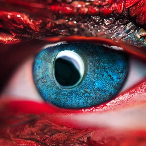 Image similar to big blue eye of ancient red dragon, close-up, high detail 3d model, Octane render, octane, 4k