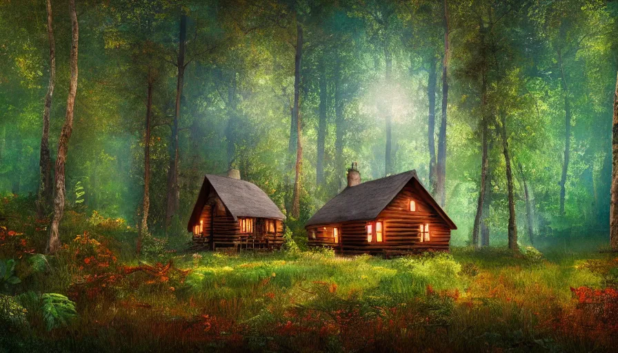 Image similar to a clearing in a forest with a cabin, digital art, highly detailed, realistic, bright colors, 8 k