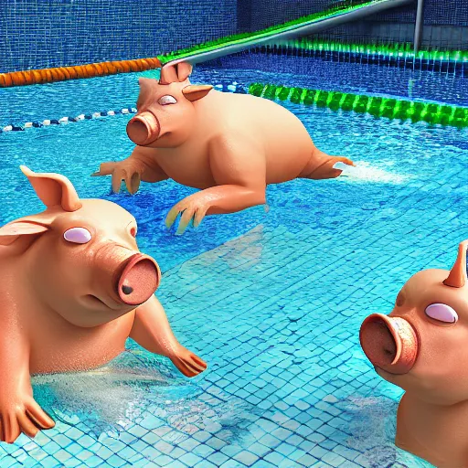 Image similar to photo, two old men fight pig mutants 4 0 1 2 7 inside a swimming pool, highly detailed, scary, volumetric lighting, front view