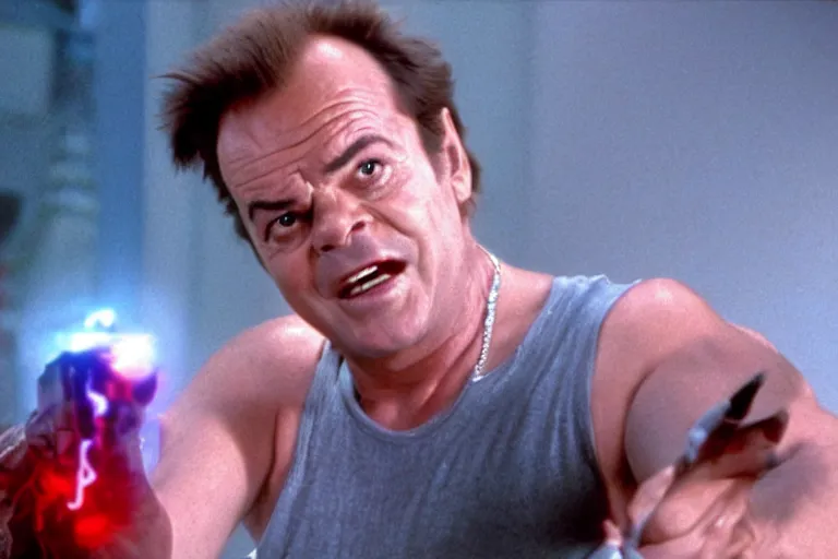 Image similar to Jack Nicholson plays Pikachu Terminator, scene where his inner exoskeleton is visible and his eye glows red, still from the film